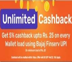 Bajaj Finserv 5% Upto Rs 25 Cashback on Every Wallet Load via UPI