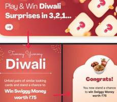 Swiggy Play And Win Diwali Game WIN Rs 75 Swiggy Money or Free Delivery